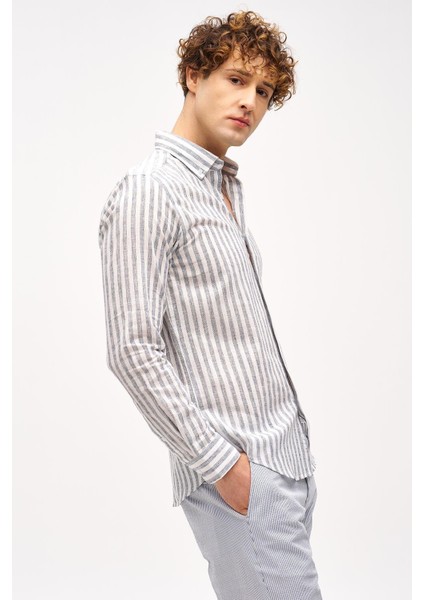 Lacivert Dynamic Fit Düğmeli Yaka Çizgili Uzun Kollu Cepsiz Pamuklu Gömlek modelleri