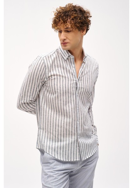 Lacivert Dynamic Fit Düğmeli Yaka Çizgili Uzun Kollu Cepsiz Pamuklu Gömlek fırsatları