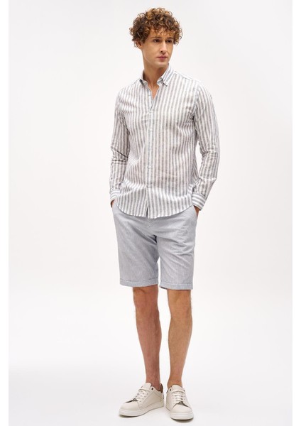 Lacivert Dynamic Fit Düğmeli Yaka Çizgili Uzun Kollu Cepsiz Pamuklu Gömlek indirimleri