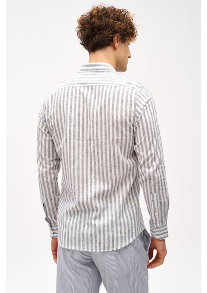 Lacivert Dynamic Fit Düğmeli Yaka Çizgili Uzun Kollu Cepsiz Pamuklu Gömlek