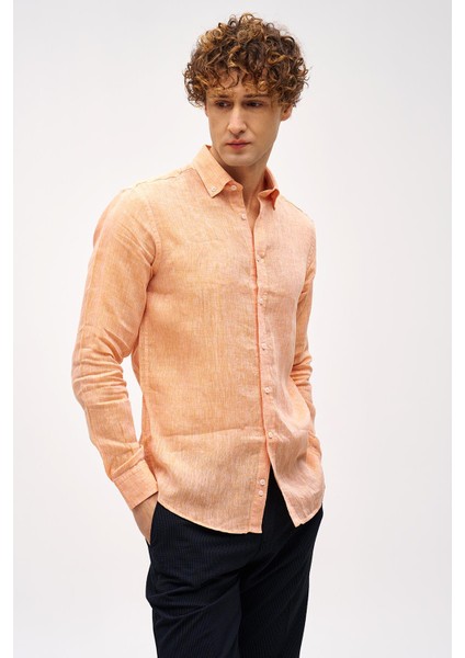 Turuncu Dynamic Fit Düğmeli Yaka Düz Uzun Kollu Cepsiz %100 Keten Gömlek