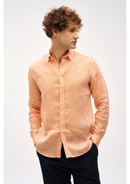 Turuncu Dynamic Fit Düğmeli Yaka Düz Uzun Kollu Cepsiz %100 Keten Gömlek fiyatları
