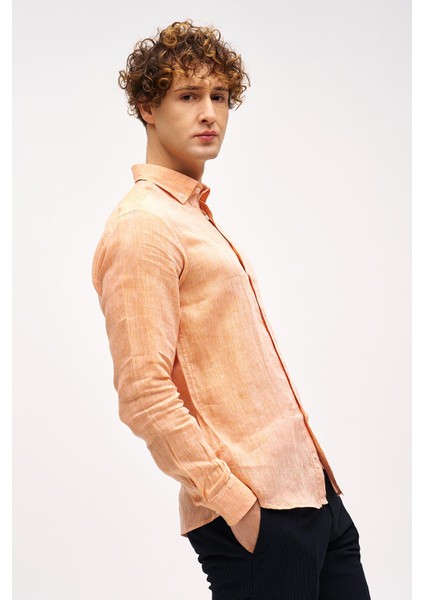 Turuncu Dynamic Fit Düğmeli Yaka Düz Uzun Kollu Cepsiz %100 Keten Gömlek modelleri
