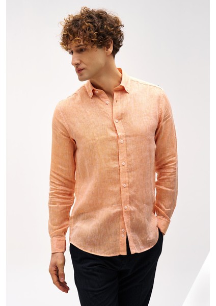 Turuncu Dynamic Fit Düğmeli Yaka Düz Uzun Kollu Cepsiz %100 Keten Gömlek fırsatları
