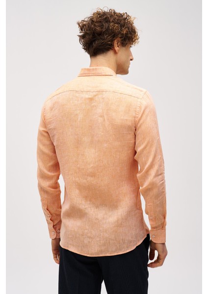 Turuncu Dynamic Fit Düğmeli Yaka Düz Uzun Kollu Cepsiz %100 Keten Gömlek indirimleri