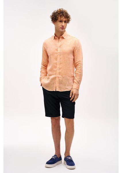 Turuncu Dynamic Fit Düğmeli Yaka Düz Uzun Kollu Cepsiz %100 Keten Gömlek