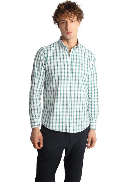 Yeşil Dynamic Fit Düğmeli Yaka Ekose Uzun Kollu Cepsiz %100 Pamuk Gömlek