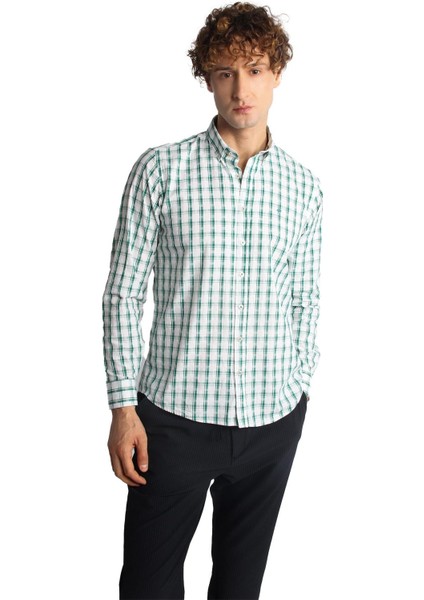 Yeşil Dynamic Fit Düğmeli Yaka Ekose Uzun Kollu Cepsiz %100 Pamuk Gömlek fiyatları