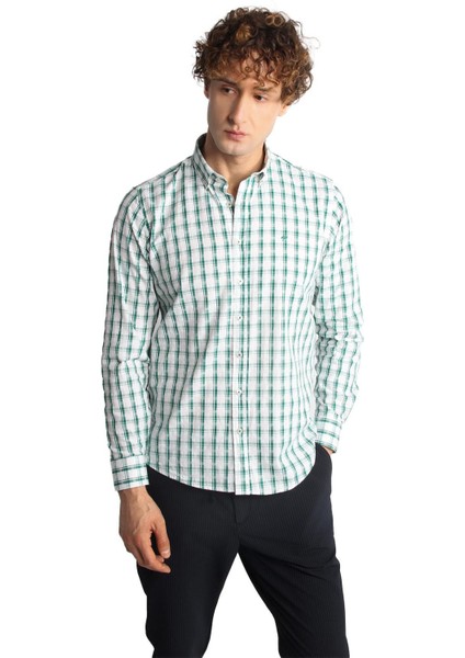 Yeşil Dynamic Fit Düğmeli Yaka Ekose Uzun Kollu Cepsiz %100 Pamuk Gömlek modelleri