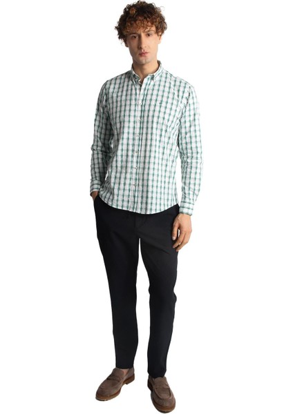 Yeşil Dynamic Fit Düğmeli Yaka Ekose Uzun Kollu Cepsiz %100 Pamuk Gömlek fırsatları