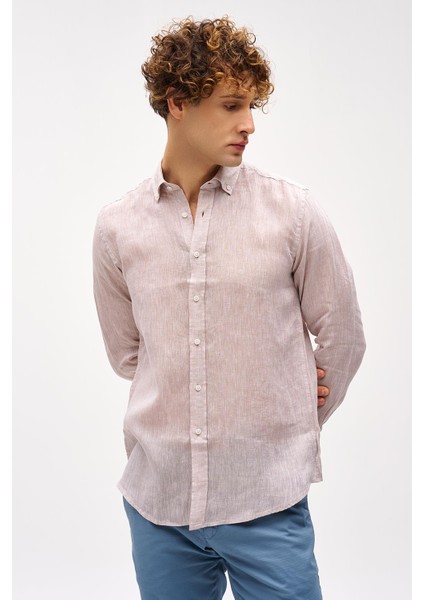 Bej Dynamic Fit Düğmeli Yaka Düz Uzun Kollu Cepsiz %100 Keten Gömlek