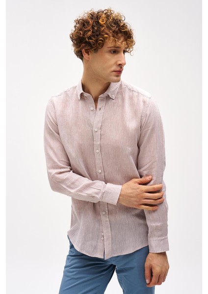 Bej Dynamic Fit Düğmeli Yaka Düz Uzun Kollu Cepsiz %100 Keten Gömlek fiyatları