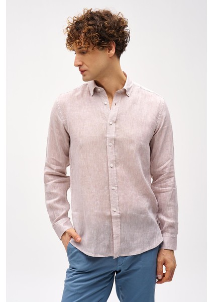 Bej Dynamic Fit Düğmeli Yaka Düz Uzun Kollu Cepsiz %100 Keten Gömlek modelleri