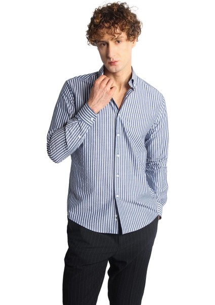 Lacivert Dynamic Fit Düğmeli Yaka Çizgili Uzun Kollu Cepsiz %100 Pamuk Gömlek