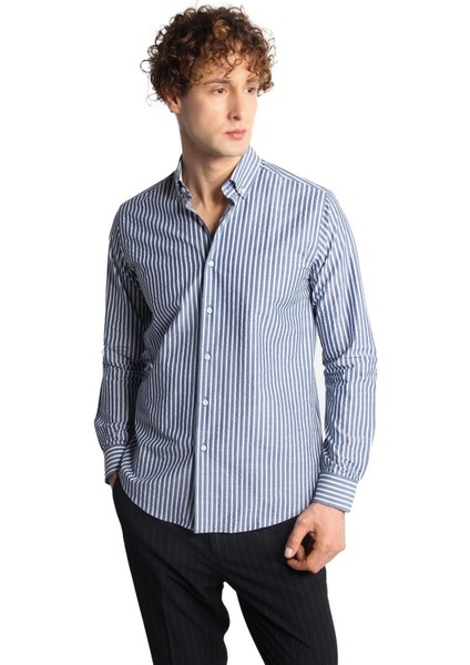 Lacivert Dynamic Fit Düğmeli Yaka Çizgili Uzun Kollu Cepsiz %100 Pamuk Gömlek fiyatları