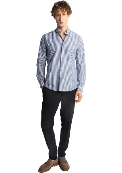 Lacivert Dynamic Fit Düğmeli Yaka Çizgili Uzun Kollu Cepsiz %100 Pamuk Gömlek modelleri