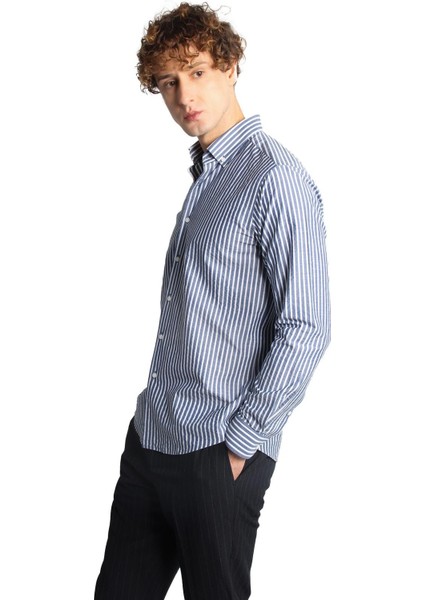 Lacivert Dynamic Fit Düğmeli Yaka Çizgili Uzun Kollu Cepsiz %100 Pamuk Gömlek indirimleri