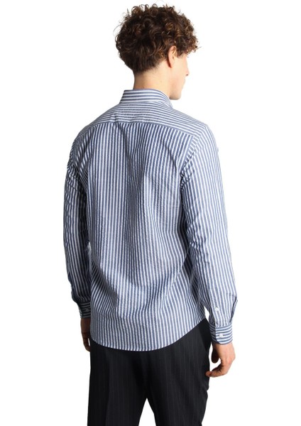 Lacivert Dynamic Fit Düğmeli Yaka Çizgili Uzun Kollu Cepsiz %100 Pamuk Gömlek