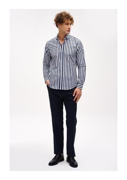Lacivert Dynamic Fit Düğmeli Yaka Çizgili Uzun Kollu Cepsiz %100 Pamuk Gömlek fiyatları