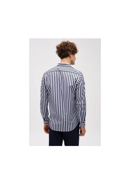 Lacivert Dynamic Fit Düğmeli Yaka Çizgili Uzun Kollu Cepsiz %100 Pamuk Gömlek indirimleri