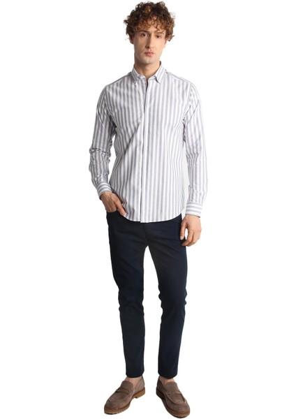 Lacivert Dynamic Fit Düğmeli Yaka Çizgili Uzun Kollu Cepsiz %100 Pamuk Gömlek fiyatları