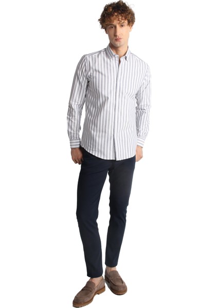 Lacivert Dynamic Fit Düğmeli Yaka Çizgili Uzun Kollu Cepsiz %100 Pamuk Gömlek modelleri