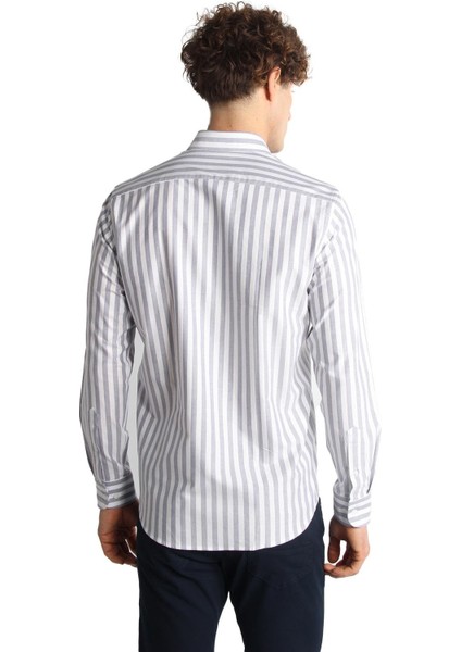 Lacivert Dynamic Fit Düğmeli Yaka Çizgili Uzun Kollu Cepsiz %100 Pamuk Gömlek fırsatları