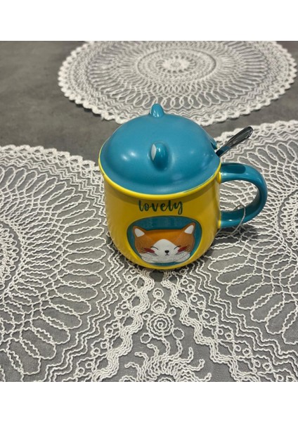 Kapaklı Kaşıklı Hediyelik Kupa Kedi Detaylı
