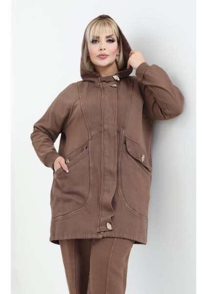 Kadın Büyük Beden Kapüşonlu Kapaklı Düğme Detaylı Torba Cep %100 Pamuk Uzun Gabardin Kap Ceket fiyatları