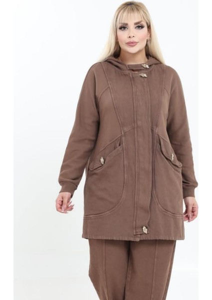 Kadın Büyük Beden Kapüşonlu Kapaklı Düğme Detaylı Torba Cep %100 Pamuk Uzun Gabardin Kap Ceket fırsatları