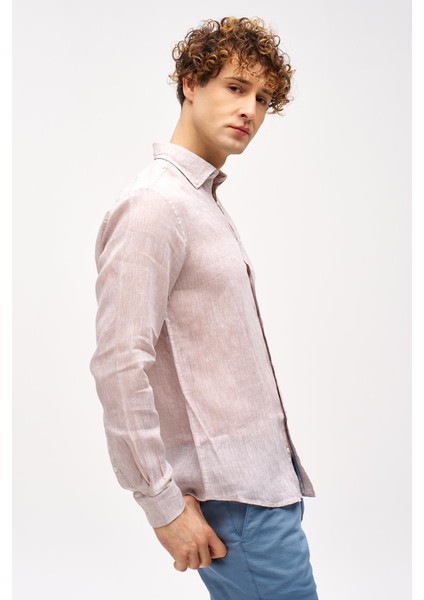 Bej Dynamic Fit Düğmeli Yaka Düz Uzun Kollu Cepsiz %100 Keten Gömlek fırsatları