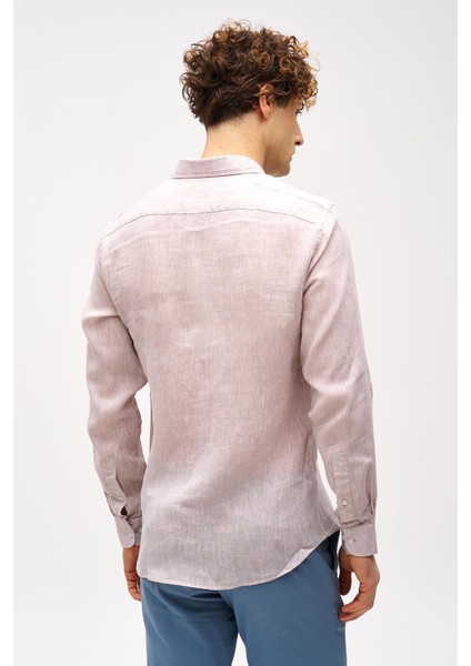 Bej Dynamic Fit Düğmeli Yaka Düz Uzun Kollu Cepsiz %100 Keten Gömlek indirimleri