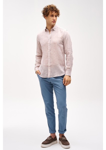 Bej Dynamic Fit Düğmeli Yaka Düz Uzun Kollu Cepsiz %100 Keten Gömlek