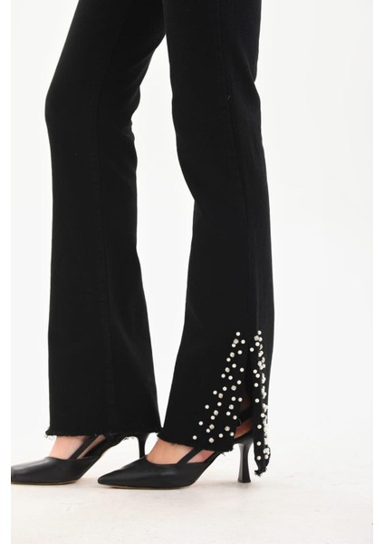 Bayan Kot Pantolon Siyah Likralı Ispanyol Paça Incili