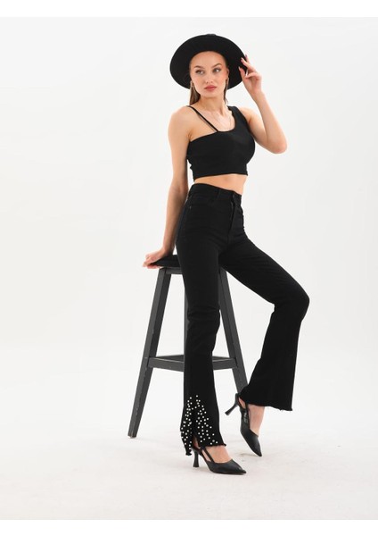 Bayan Kot Pantolon Siyah Likralı Ispanyol Paça Incili fiyatları