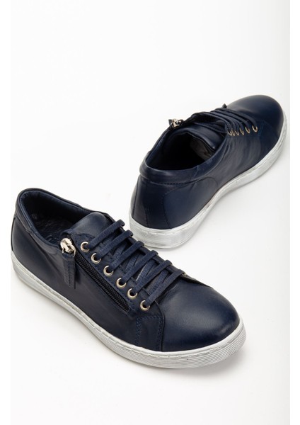Kadın Lacivert Hakiki Deri Yandan Fermuarlı Bağcıklı Spor Ayakkabı