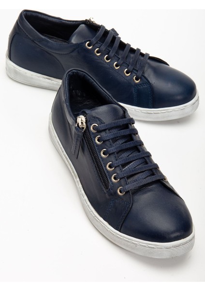Kadın Lacivert Hakiki Deri Yandan Fermuarlı Bağcıklı Spor Ayakkabı fiyatları