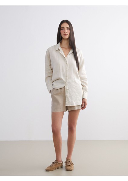 Yeni Sezon Beli Lastikli %100 Keten Kadın Şort