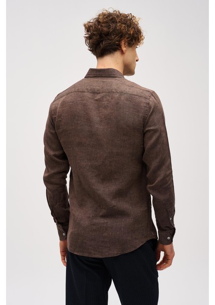 Kahve Dynamic Fit Düğmeli Yaka Düz Uzun Kollu Cepsiz %100 Keten Gömlek indirimleri