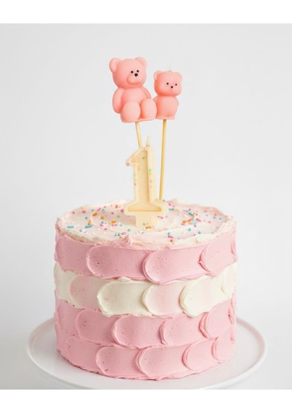 Pembe Ayıcık Figürlü 1 Yaş Pasta Mumu Seti – Bebek Doğum Günü Mum Süsü