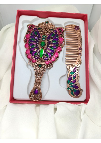 Romantik Kelebek Motifli Vintage Ayna ve Tarak Seti