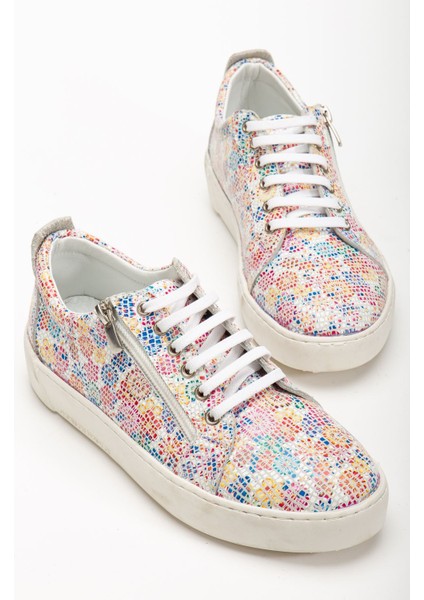 Kadın Çok Renkli Hakiki Deri Yandan Fermuarlı Bağcıklı Spor Ayakkabı