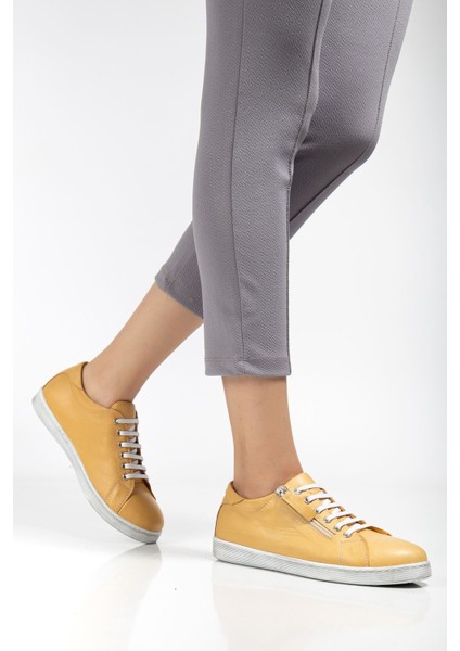 Kadın Sarı Hakiki Deri Yandan Fermuarlı Bağcıklı Spor Ayakkabı fırsatları