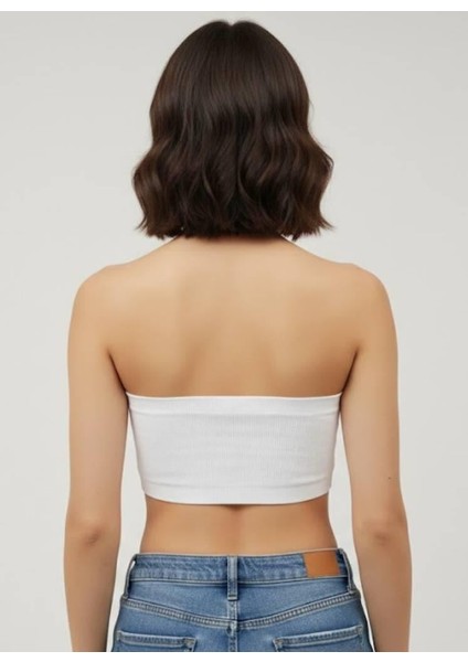 Kadın Beyaz Taş Detaylı Straplez Crop Top – Esnek Kumaş, Işıltılı Bant Büstiyer modelleri