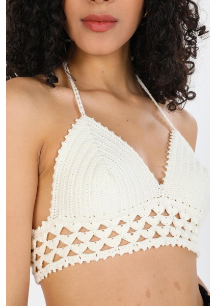 Örgü Kroşe Sırt Bağlamalı Krem Şık Kadın Örme Kuplu Bralet Büstiyer