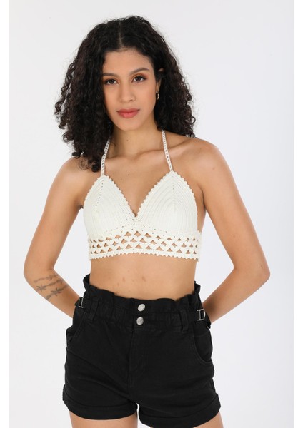 Örgü Kroşe Sırt Bağlamalı Krem Şık Kadın Örme Kuplu Bralet Büstiyer fiyatları