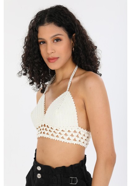 Örgü Kroşe Sırt Bağlamalı Krem Şık Kadın Örme Kuplu Bralet Büstiyer modelleri