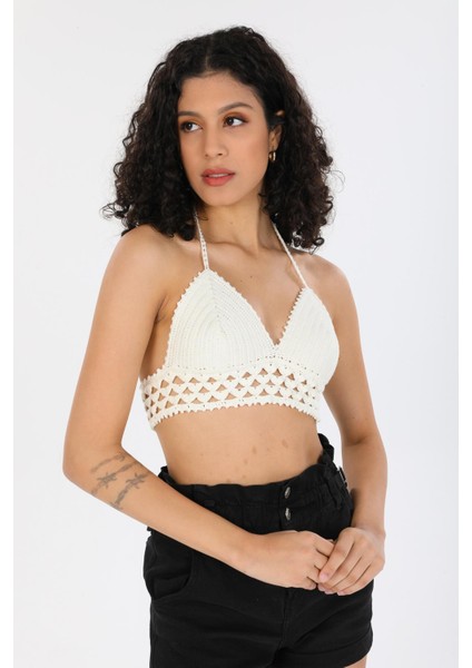 Örgü Kroşe Sırt Bağlamalı Krem Şık Kadın Örme Kuplu Bralet Büstiyer fırsatları