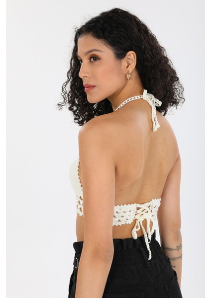 Örgü Kroşe Sırt Bağlamalı Krem Şık Kadın Örme Kuplu Bralet Büstiyer indirimleri