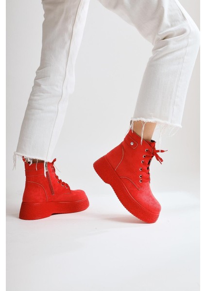 Kadın Postal Bot Bağcıklı Yandan Fermuarlı Kırmızı Termo Kaymaz Taban fiyatları